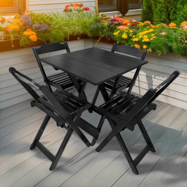 Mesa Dobrável 70x70 (Tampo Madeira) com 4 Cadeiras Retrátil